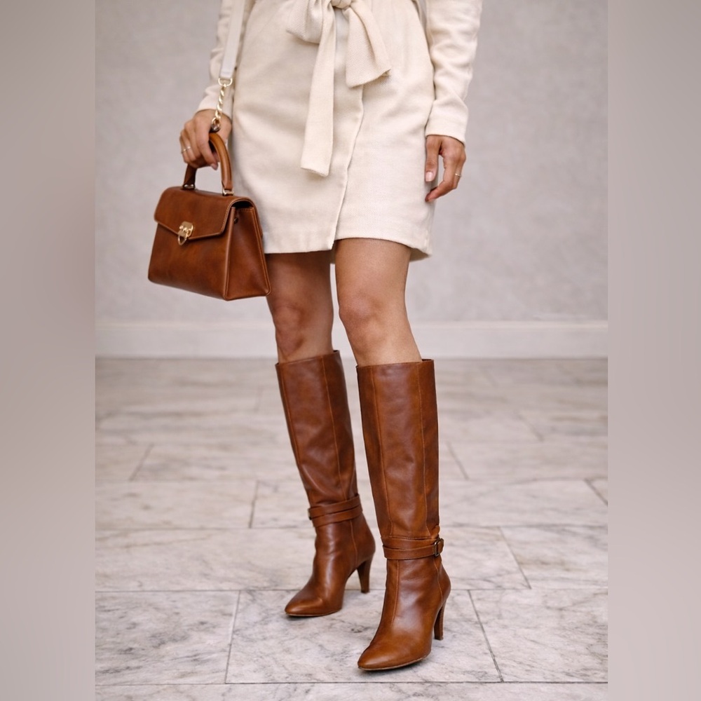 Loeffler Randall Cognac Leather Knee Boots 6B D-Ring Buckle Italy - Picture 2 of 8